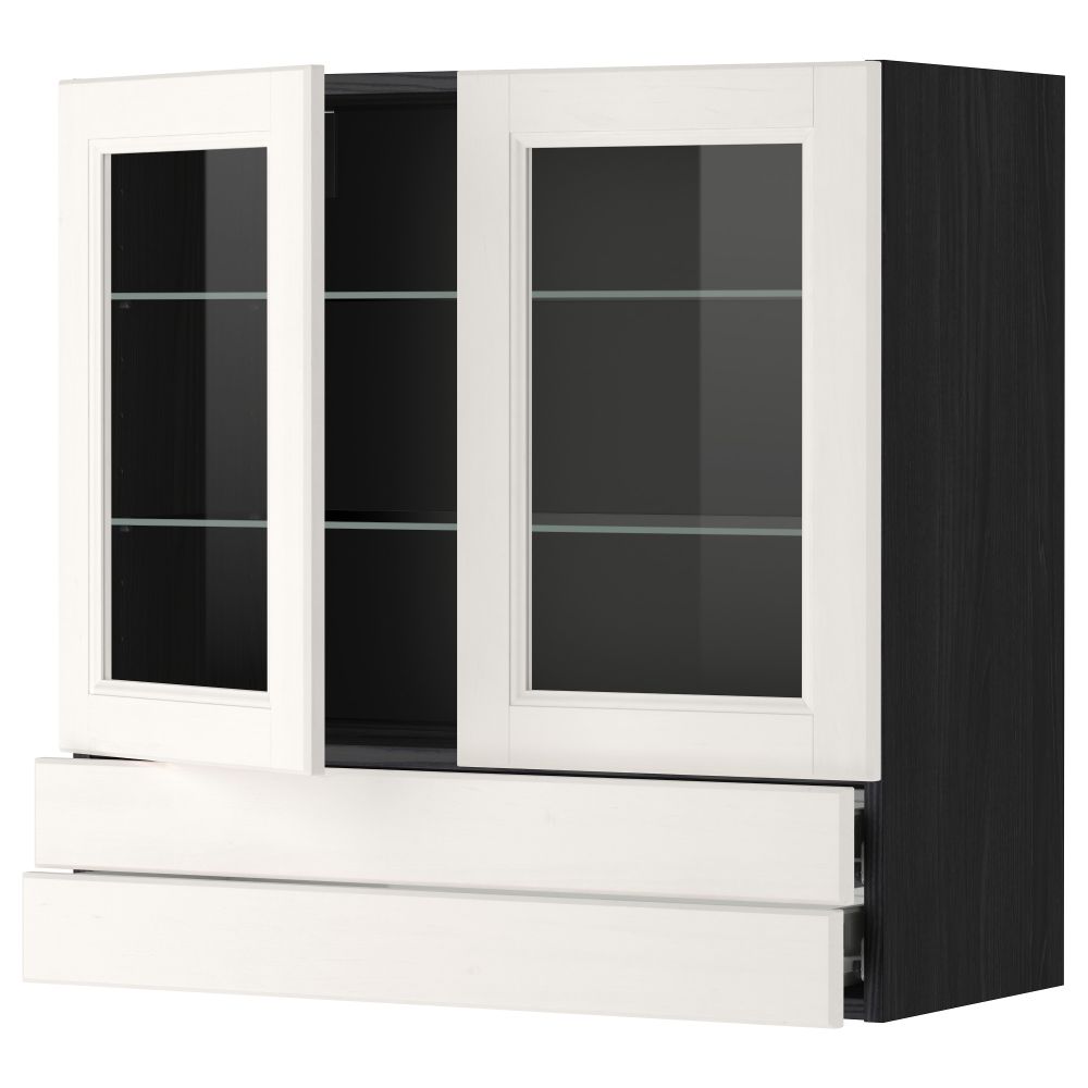 Навесной шкаф, 2 стеклянные дверцы, 2 ящика МЕТОД / ФОРВАРА, черный, Лаксарби белый - фото 1