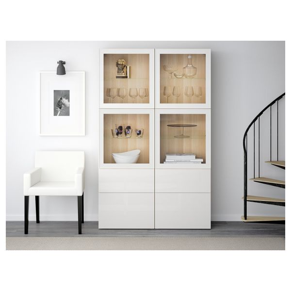 Комбинация для хранения со стеклянными дверцами БЕСТО, под беленый дуб под беленый дуб, Сельсвикен глянцевый/белый прозрачное - фото 2