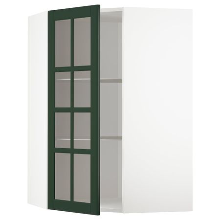 Угловой навесной шкаф с полками, стекляными дв, белый/Будбин темно-зеленый 68x100 см IKEA METOD МЕТОД 793.123.29