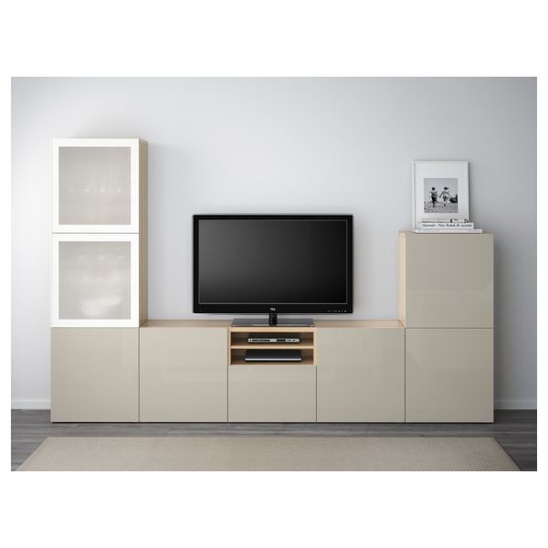 Шкаф для ТВ, комбинированный, стекляные дверцы БЕСТО, под беленый дуб, Сельсвикен глянцевый/бежевый матовое стекло (300x40x192 - фото 2