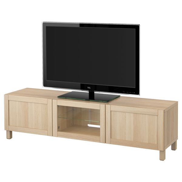 Тумба под ТВ с ящиками и дверцей БЕСТО, Ханвикен под беленый дуб, прозрачное стелко (180x40x48 см) - фото 1