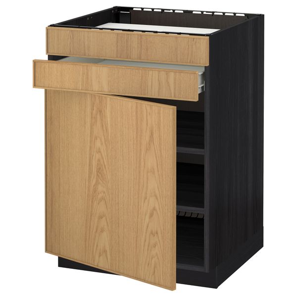 Напольный шкаф для варочной панели, доводчик, 2 фасада, 1 ящик МЕТОД / ФОРВАРА, черный, Экестад дуб (60x60 см) - схема-чертеж с размерами
