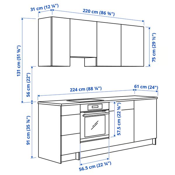 KNOXHULT Кухня - белый каркас 220x61x220 см - схема-чертеж с размерами