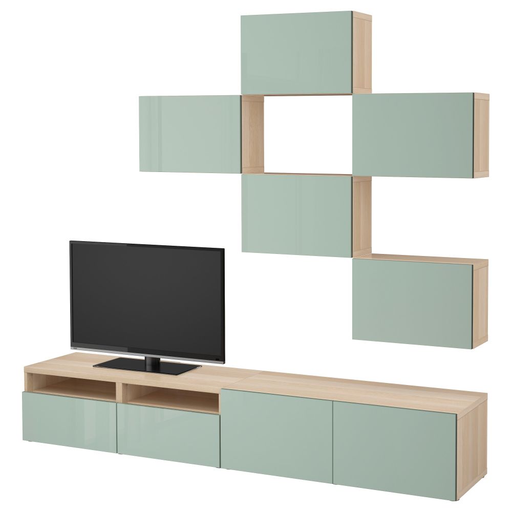 Шкаф для ТВ, комбинация БЕСТО, под беленый дуб, Сельсвикен глянцевый/серо-зеленый светлый (240x20/40x204 см) - фото 1