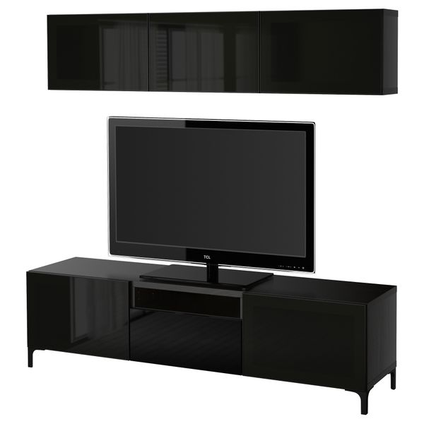 Шкаф для ТВ, комбинированный, стекляные дверцы БЕСТО, черно-коричневый, Сельсвикен глянцевый/черный дымчатое стекло - фото 1