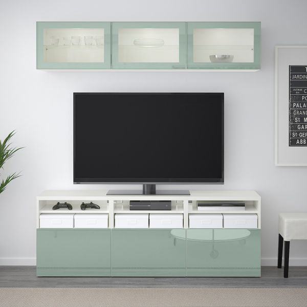 Шкаф для ТВ, комбинированный, стекляные дверцы, белый Сельсвикен, глянцевый/серо-зеленый светлый прозрачное стекло, 180x40x192 - фото 2