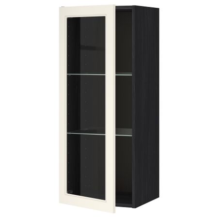 Навесной шкаф с полками, стекляными дверцы МЕТОД, черный, Хитарп белый с оттенком