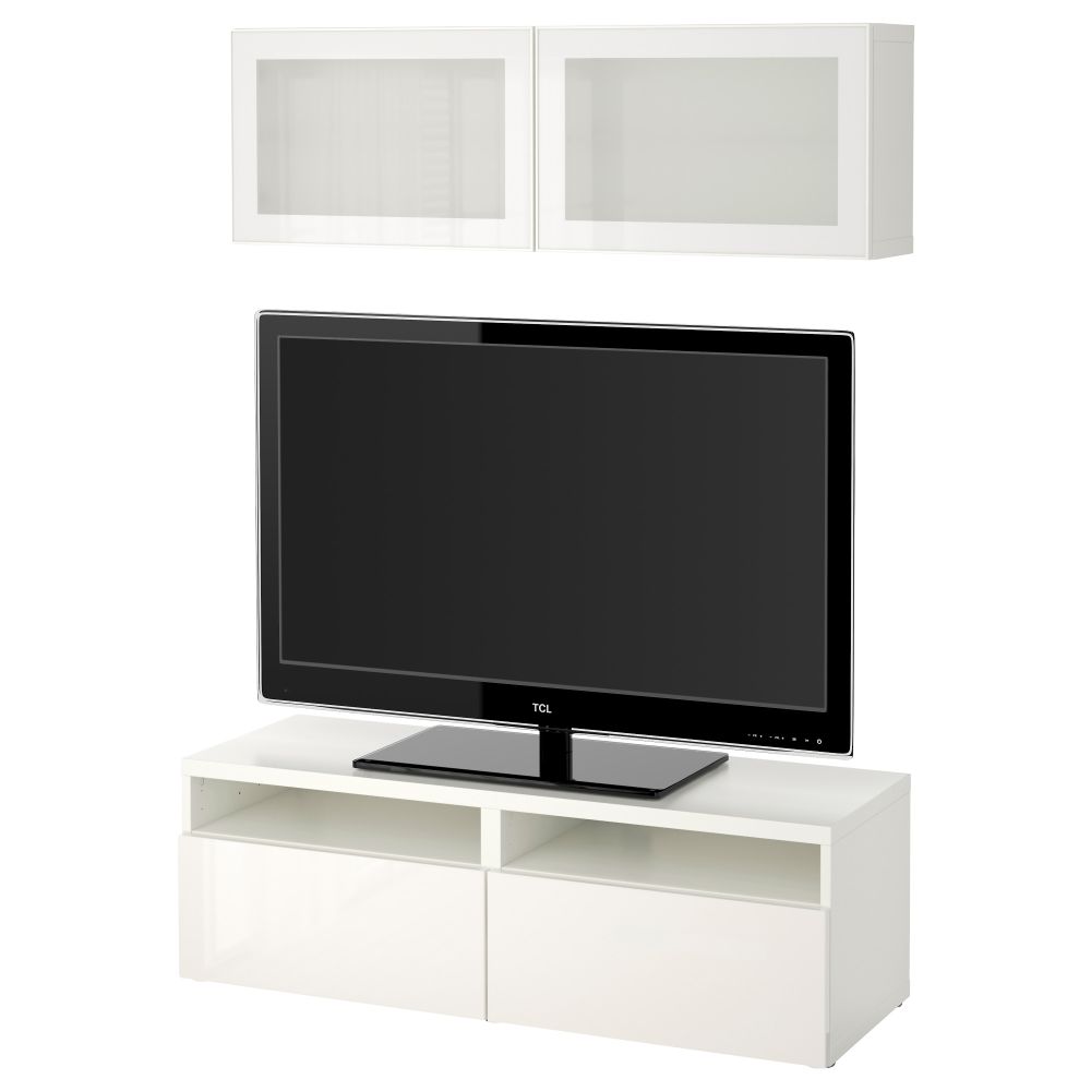 Шкаф для ТВ, комбинированный, стекляные дверцы БЕСТО, белый, Сельсвикен глянцевый/белый матовое стекло (120x20/40x166 см) - фото 1