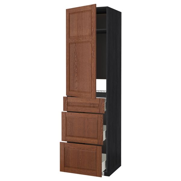 Высокий шкаф для холодильника, с дверцами, 3 ящика МЕТОД / ФОРВАРА, черный, Филипстад коричневый (60x60x220 см) - схема-чертеж с размерами