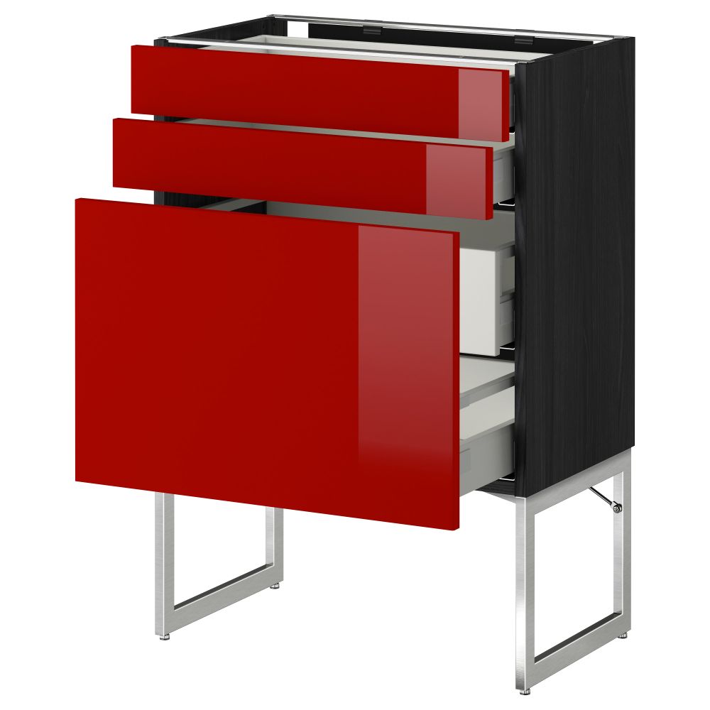 Напольный шкаф 3 фронтальных панели, 2 нижних, 2 средних ящика МЕТОД / МАКСИМЕРА, черный, Рингульт красный - схема-чертеж с размерами