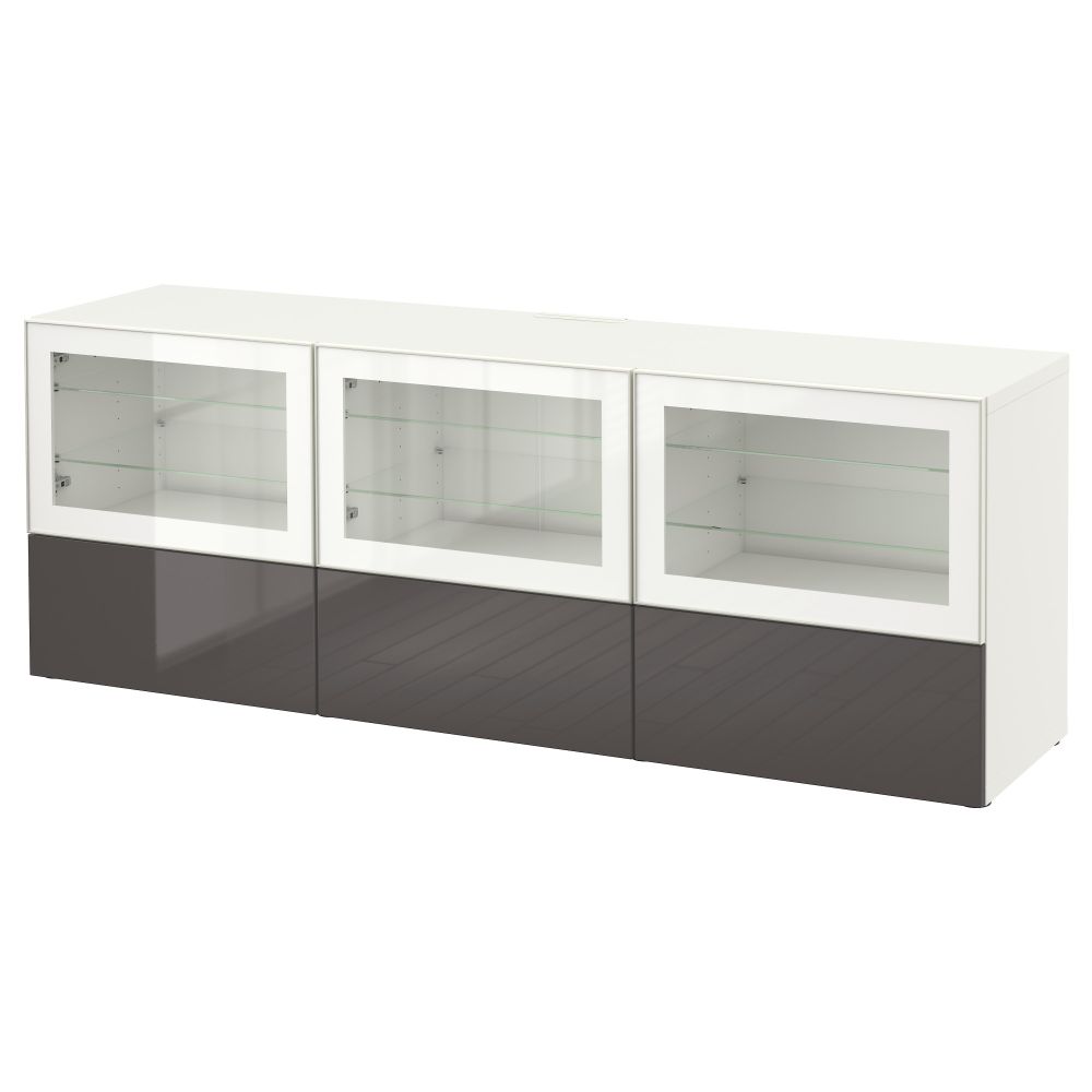 Тумба под ТВ, с дверцами и ящиками БЕСТО, белый, Сельсвикен глянцевый/серый прозрачное стекло (180x40x64 см) - фото 1
