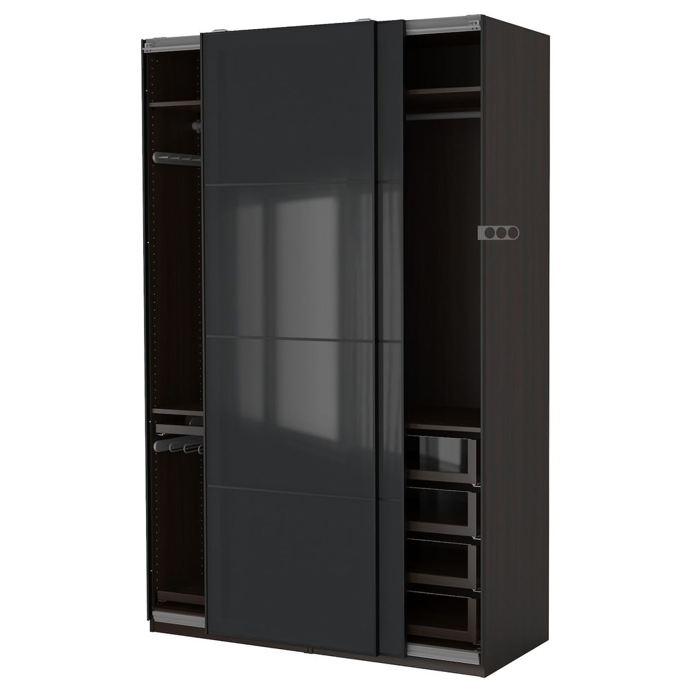 Гардероб, черно-коричневый, Уггдаль серое стекло, 150x66x236 см IKEA ПАКС 093.063.17 - фото 1