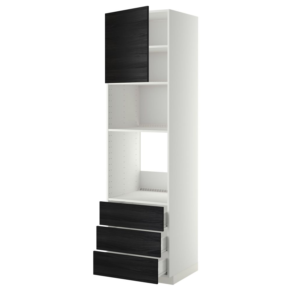 Высокий шкаф для духовки/СВЧ дверца, 3 ящика МЕТОД / ФОРВАРА, белый, Тингсрид черный - фото 1