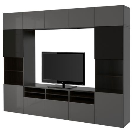 Шкаф для ТВ, комбинированный, стекляные дверцы БЕСТО, черно-коричневый, Сельсвикен глянцевый/серый дымчатое стекло (300x40x230