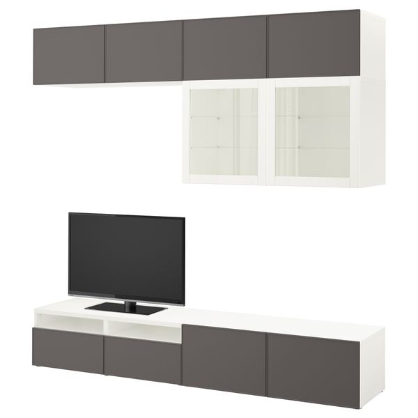 Шкаф для ТВ, комбинированный, стекляные дверцы БЕСТО, белый Грундсвикен, темно-серый прозрачное стекло (240x40x230 см) - фото 1