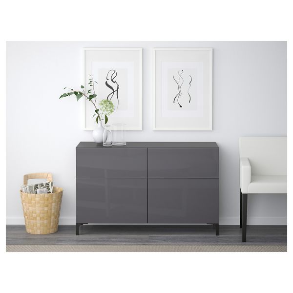 Комбинация для хранения с дверцами, ящиками БЕСТО, черно-коричневый, Сельсвикен глянцевый/серый (120x40x74 см) - схема-чертеж с размерами