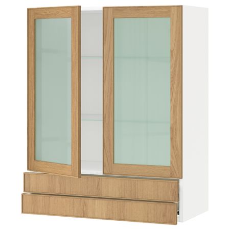 Навесной шкаф, 2 стеклянные дверцы, 2 ящика МЕТОД / ФОРВАРА, белый, Экестад дуб