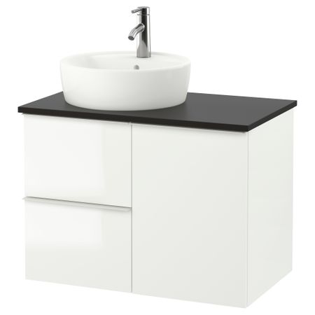 Шкаф с раковиной 45 см ГОДМОРГОН/ТОЛКЕН / ТОРНВИКЕН, глянцевый белый, антрацит (82x49x74 см)