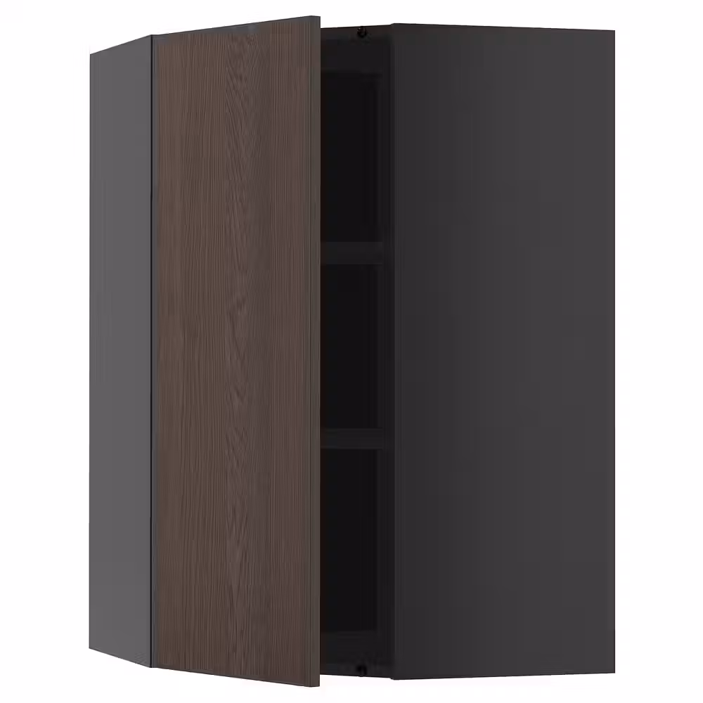 METOD Угловой навесной шкаф с полками - черно-серый/Sinarp коричневый 68x100 см - фото 1