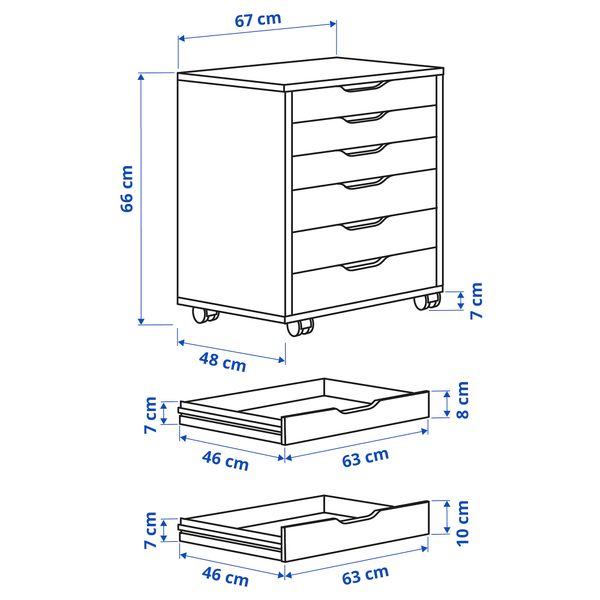 Тумба с ящиками на колесах, серо-бирюзовый, 67x66 см IKEA ALEX АЛЕКС 504.834.49 - схема-чертеж с размерами