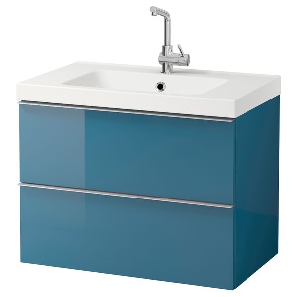 Шкаф для раковины с 2 ящиками ГОДМОРГОН / ОДЕНСВИК, глянцевый бирюзовый (80x49x64 см) - фото 2