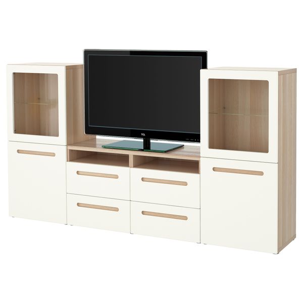 Шкаф для ТВ, комбинированный, стекляные дверцы БЕСТО, под беленый дуб, Марвикен белый прозрачное стекло (240x40x128 см) - фото 1