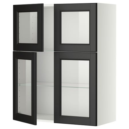 Навесной шкаф с полками, 4 стекло дверцы МЕТОД, белый, Лаксарби черно-коричневый (80x100 см)