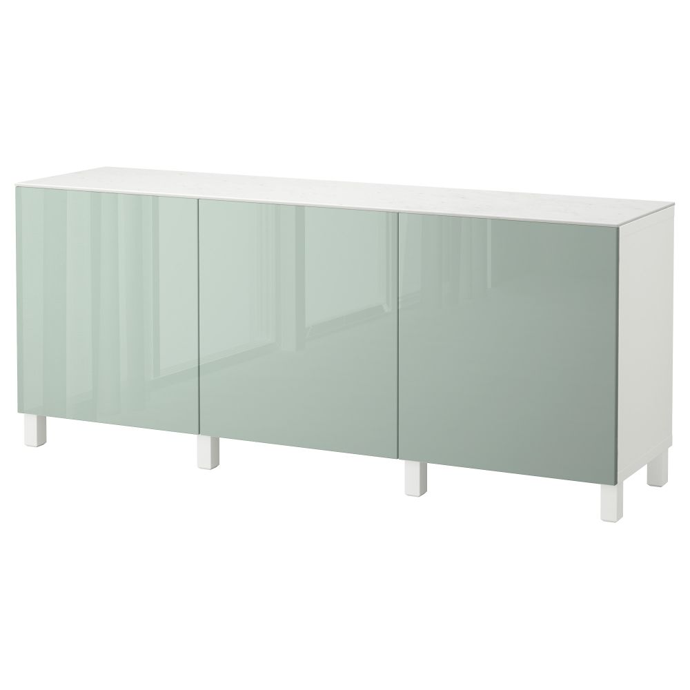 Комбинация для хранения с дверцами БЕСТО, белый, Сельсвикен глянцевый/серо-зеленый светлый (180x42x74 см) - фото 1