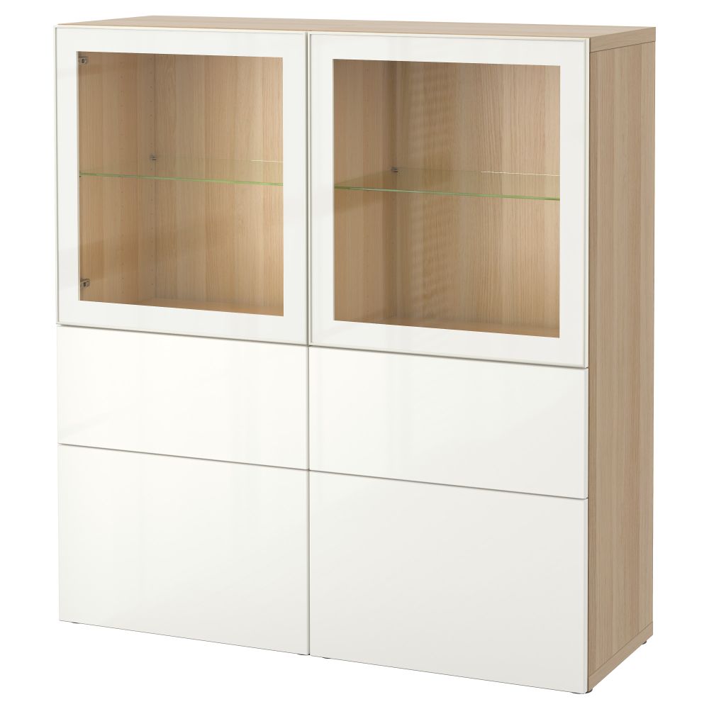 Комбинация для хранения со стеклянными дверцами БЕСТО, под беленый дуб, Сельсвикен глянцевый/белый прозрачное стекло (120x40x128 - фото 1