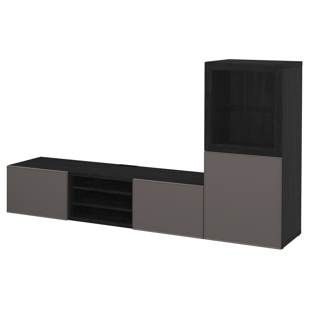 Шкаф для ТВ, комбинированный, стекляные дверцы БЕСТО, черно-коричневый Грундсвикен, темно-серый прозрачное стекло (240x40x128 - фото 1