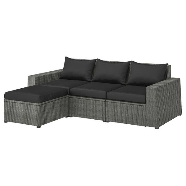 3-местный модульный диван, садовый, с табуретом для ног темно-серый/Холло черный 223x145x82 см IKEA СОЛЛЕРОН 492.885.14 - фото 1