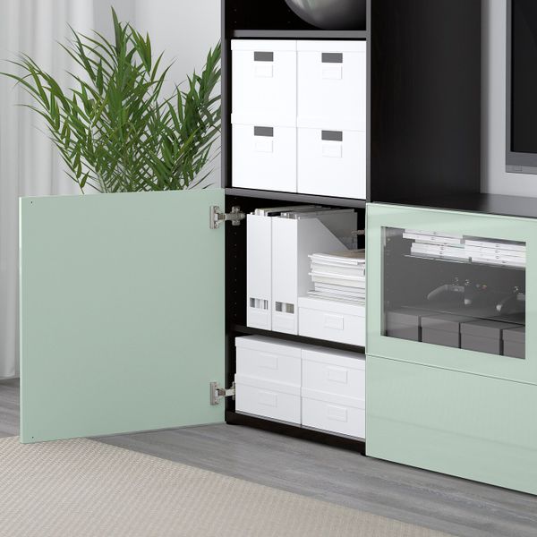 Шкаф для ТВ, комбинированный, стекляные дверцы, черно-коричневый Сельсвикен, глянцевый/серо-зеленый светлый прозрачное стекло, - фото 3