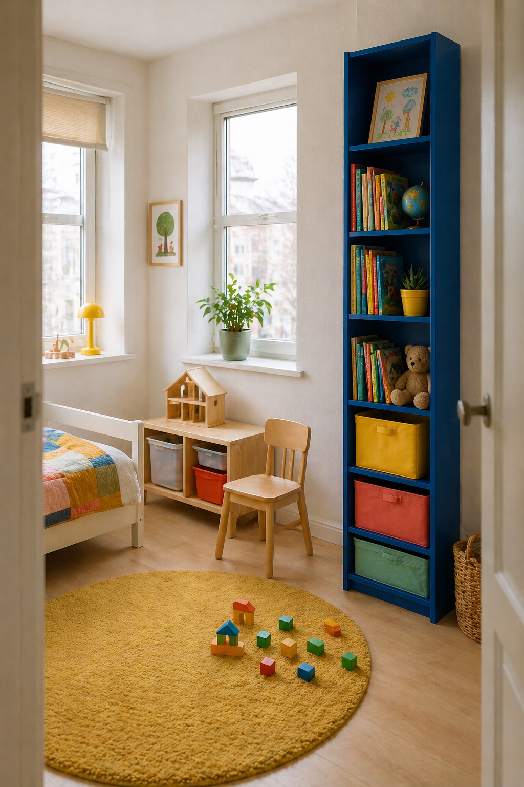 Синий IKEA BILLY в детской комнате — на полках цветные книги, яркие коробки для хранения и детские рисунки