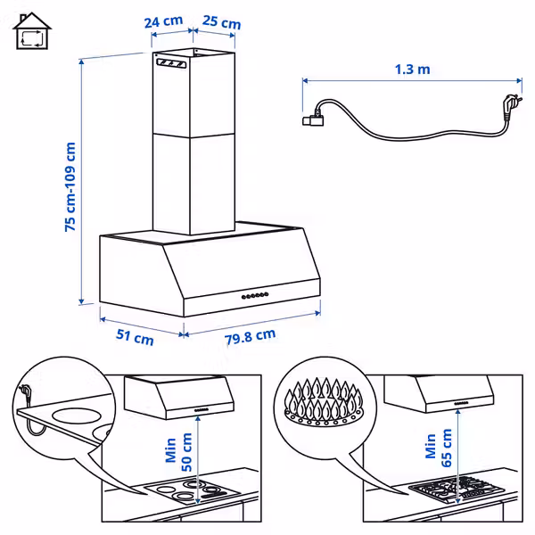 UPPFRISKANDE Вытяжка кухонная стен креп (колпак) - цвет нержавеющей стали 80 см - схема-чертеж с размерами