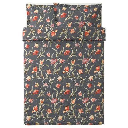 Пододеяльник и 2 наволочки, серый/с цветочным орнаментом 200x200/50x70 см IKEA ÅLANDSROT ОЛАНДСРОТ 004.782.90