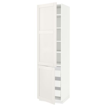 Высокий шкаф + полки, 3 ящика, 2 дверцы МЕТОД / МАКСИМЕРА, белый, Сэведаль белый
