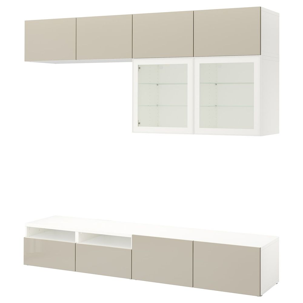 Шкаф для ТВ, комбинированный, стекляные дверцы, белый/Сельсвикен глянцевый, бежевый прозрачное стекло 240x42x231 см IKEA BESTÅ - фото 1
