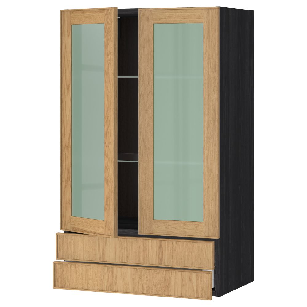 Навесной шкаф, 2 стеклянные дверцы, 2 ящика МЕТОД / МАКСИМЕРА, черный, Экестад дуб - схема-чертеж с размерами