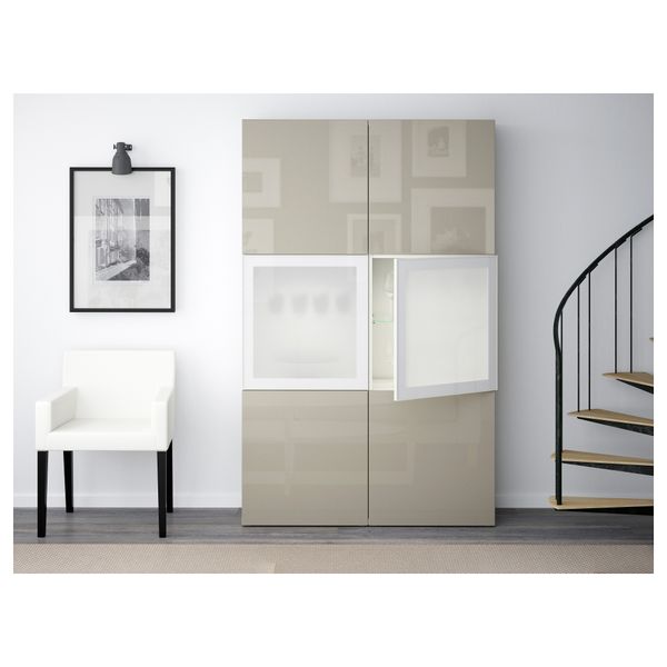 Комбинация для хранения со стеклянными дверцами БЕСТО, белый, Сельсвикен глянцевый/бежевый матовое стекло (120x40x192 см) - фото 2