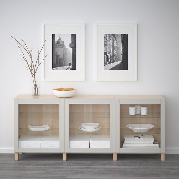 Комбинация для хранения с дверцами, под беленый дуб, Синдвик светло-серый прозрачное стекло 180x40x74 см IKEA БЕСТО 792.466.74 - фото 2