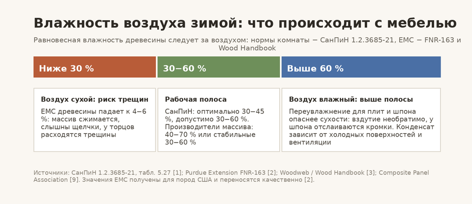 Шкала зимней влажности: ниже 30 % − риск трещин, 30−60 % − рабочая полоса, выше 60 % − переувлажнение и вздутие плит