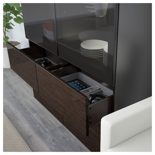 Комбинация для хранения со стеклянными дверцами БЕСТО, черно-коричневый, Сельсвикен глянцевый/коричневый дымчат стекло - схема-чертеж с размерами