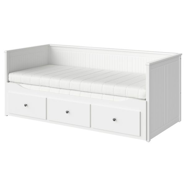 Кушетка с 2 матрасами, 3 ящиками, 80x200 см, белый, Åsvang жесткий IKEA HEMNES ХЕМНЭС 894.281.07 - фото 1