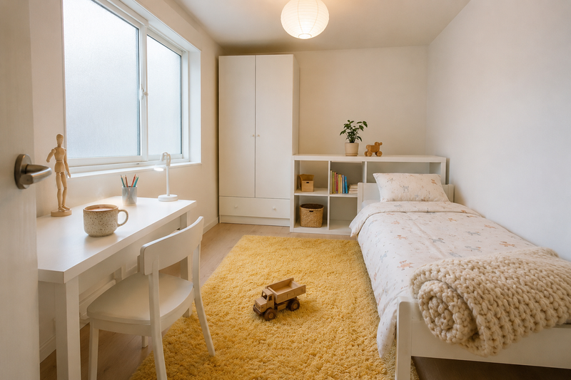 Детская комната 9 кв.м: кровать, стол и шкаф IKEA в светлой обстановке