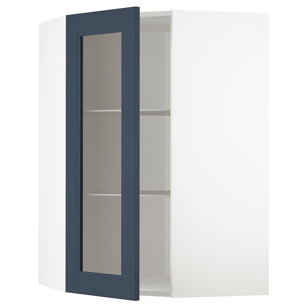 Угловой навесной шкаф с полками, стекляными дв, белый Акстад/матовая поверхность синий 68x100 см IKEA METOD МЕТОД 094.020.07 - фото 1