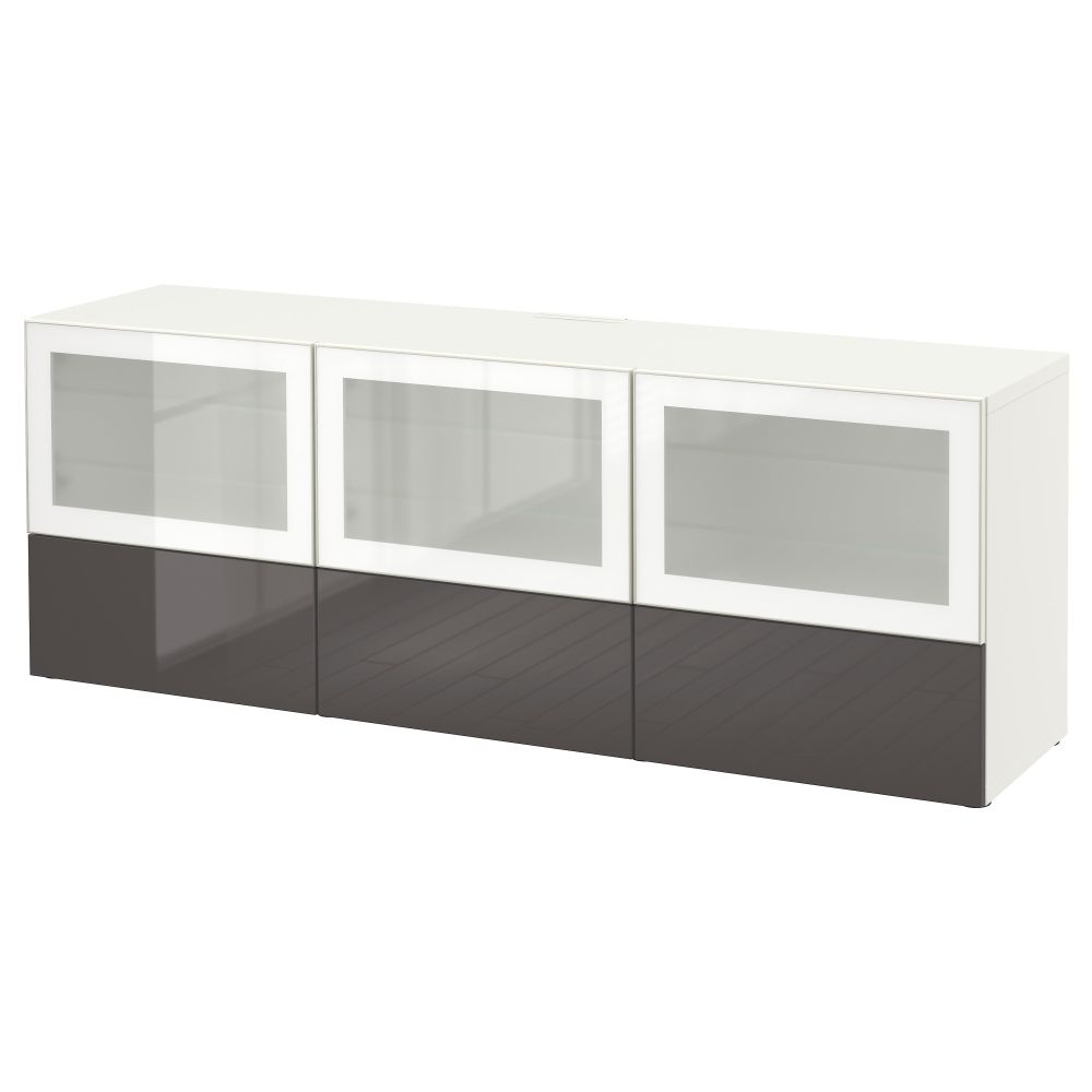 Тумба под ТВ, с дверцами и ящиками БЕСТО, белый, Сельсвикен глянцевый/серый матовое стекло (180x40x64 см) - фото 1