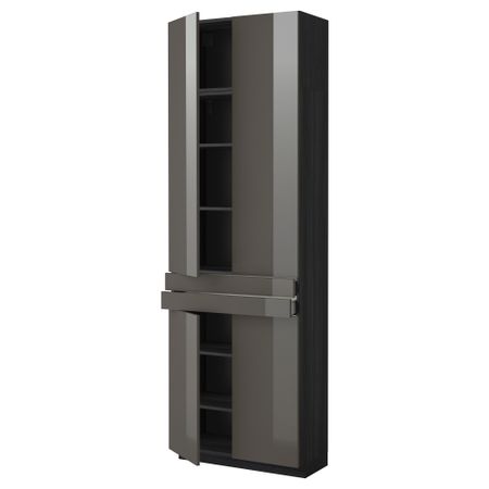 Высокий шкаф + полки, 2 ящика, 4 дверцы МЕТОД / МАКСИМЕРА, черный, Рингульт серый (80x37x240 см)