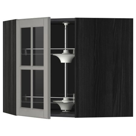 Угловой навесной шкаф с вращающающейся секцией, стеклянными дверцами МЕТОД, черный, Будбин серый