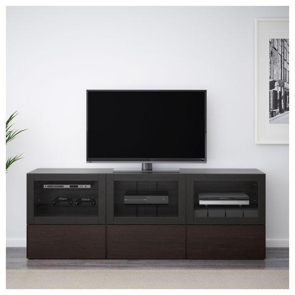 Тумба под ТВ, с дверцами и ящиками БЕСТО, черно-коричневый Синдвик, Инвикен черно-коричневый прозрачное стекло (180x40x64 см) - фото 2