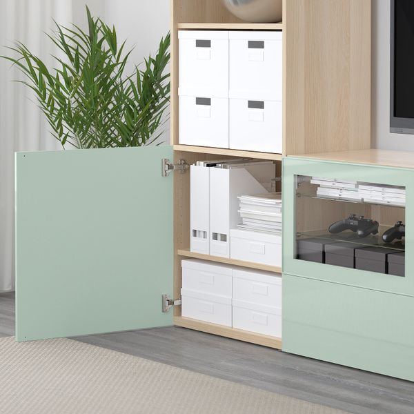 Шкаф для ТВ, комбинированный, стекляные дверцы, под беленый дуб Сельсвикен, глянцевый/серо-зеленый светлый прозрачное стекло, - фото 3